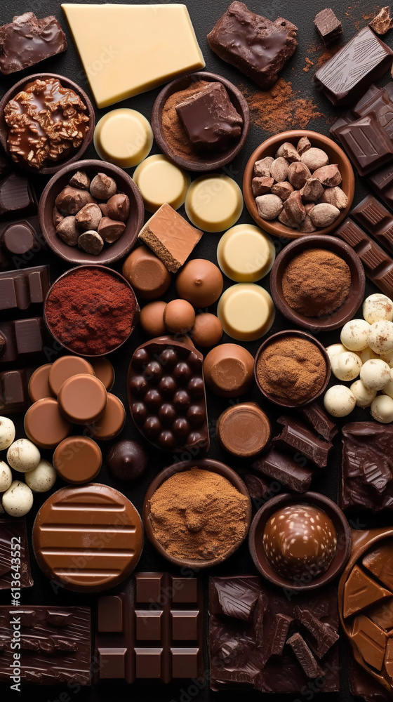 Fototapeta premium A table topped with lots of different types of chocolate. Generative AI.