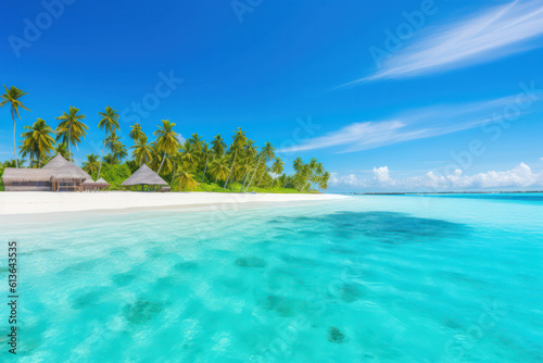 Fototapeta Naklejka Na Ścianę i Meble -  A breathtaking view of a remote tropical island with pristine white sand beaches, crystal-clear turquoise water, and swaying palm trees, invoking a sense of paradise and relaxation