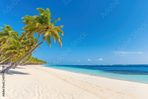 Fototapeta Naklejka Na Ścianę i Meble -  A breathtaking view of a remote tropical island with pristine white sand beaches, crystal-clear turquoise water, and swaying palm trees, invoking a sense of paradise and relaxation