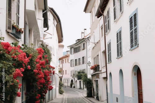 An enchanting alleyway in a historic European city, adorned with vibrant flowers and charming architecture, inviting exploration and discovery