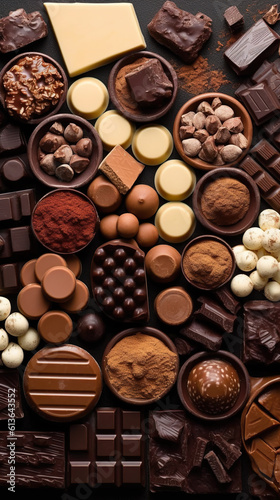 A table topped with lots of different types of chocolate. Generative AI.