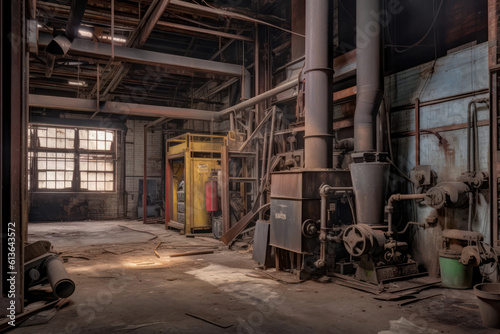 An abandoned industrial warehouse with rusted machinery and graffiti-covered walls, evoking a sense of urban decay and mystery