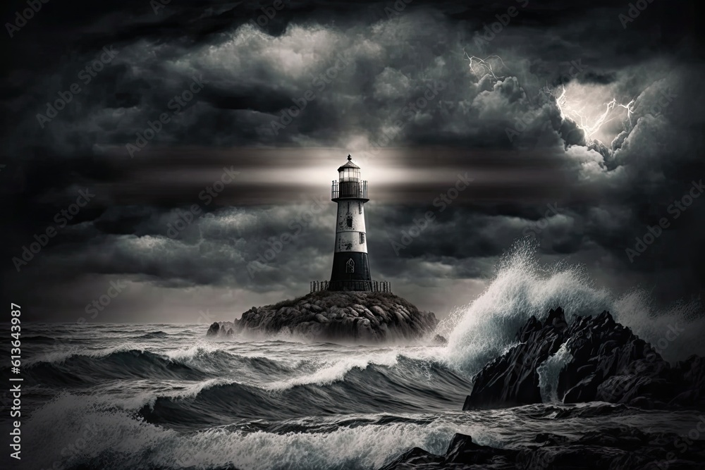 solitary lighthouse standing tall in the midst of a stormy ocean. Generative AI