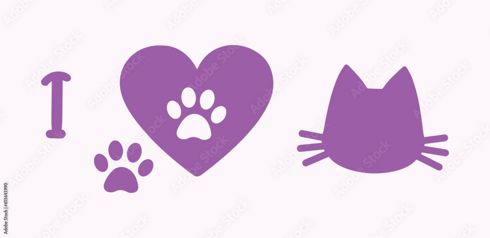Love cat, pet. Vector illustration. Heart, pink color. Cute symbol, template