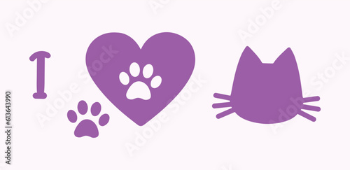 Love cat, pet. Vector illustration. Heart, pink color. Cute symbol, template