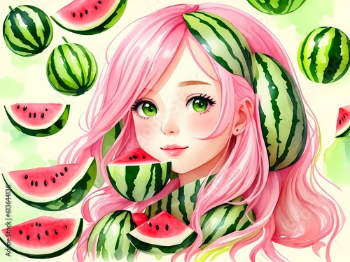 Beautiful cute kawaii girl face portrait with a pink hair green eyes in aquarelle style  creative illustration red magenta watermelon background ink watercolor painting. Generative AI