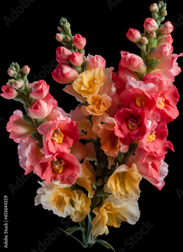 A vase filled with pink and yellow flowers. Generative AI.