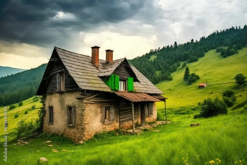 solitary house in the midst of a vast green field surrounded by nature. Generative AI