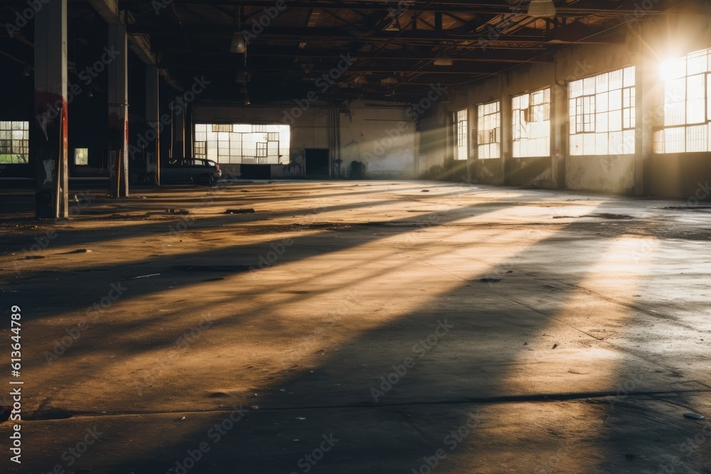 an empty warehouse with natural light streaming through the windows. Generative AI