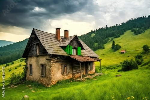 solitary house in the midst of a vast green field surrounded by nature. Generative AI