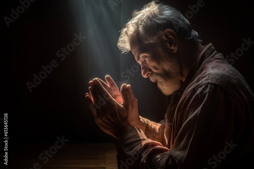 old religious man praying god with his hands sitting on his knees. Generative AI
