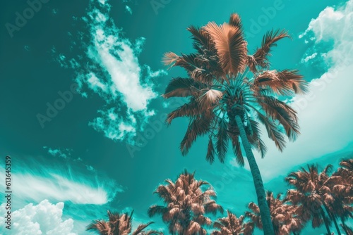 Abstract tropical palm tree with a cloudy, blue sky. Adventure and natural travel themes for summer vacation. a color scheme with a pastel tonal filter. Generative AI
