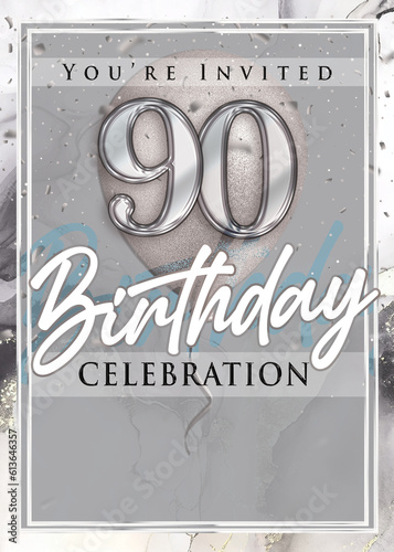 90th Birthday Party Invitation Template Silver Design photo