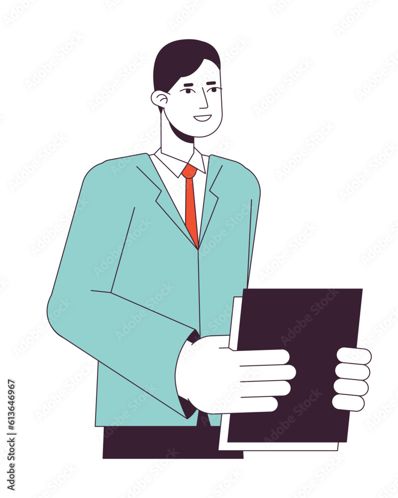 Asian office worker holding paperwork flat line vector spot illustration. Male white collar worker 2D cartoon outline character on white for web UI design. Editable isolated colorful hero image Asian office worker holding paperwork flat line vector spot illustration. Male white collar worker 2D cartoon outline character on white for web UI design. Editable isolated colorful hero image