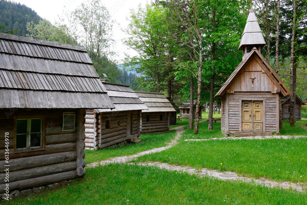 Traditional wooden architecture in Luce resort, Slovenia, Europe Traditional wooden architecture in Luce resort, Slovenia, Europe