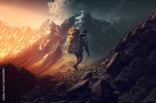 Conquest of peaks Inspirational phototourist. The tourist goes to the mountains. Banner. created by AI