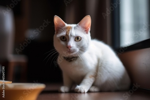 Portrait of a cute cat looking away. Japanese Bobtail cat breed. Generative AI
