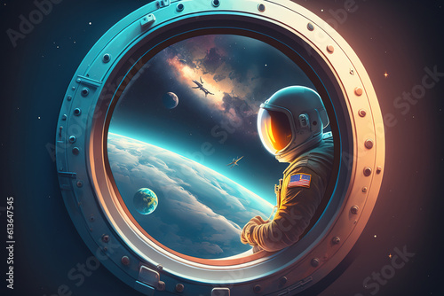 person in a spacesuit observing the view from a spacecraft window. Generative AI
