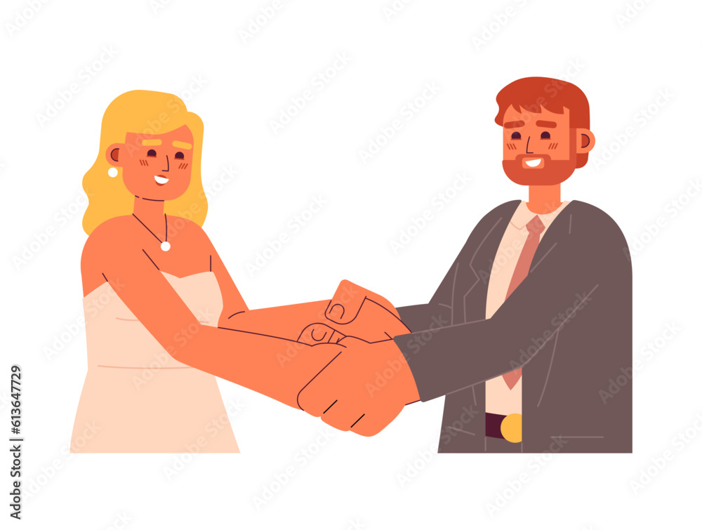 European wedding couple holding hands semi flat colorful vector characters. Romantic bride and groom. Editable half body people on white. Simple cartoon spot illustration for web graphic design European wedding couple holding hands semi flat colorful vector characters. Romantic bride and groom. Editable half body people on white. Simple cartoon spot illustration for web graphic design