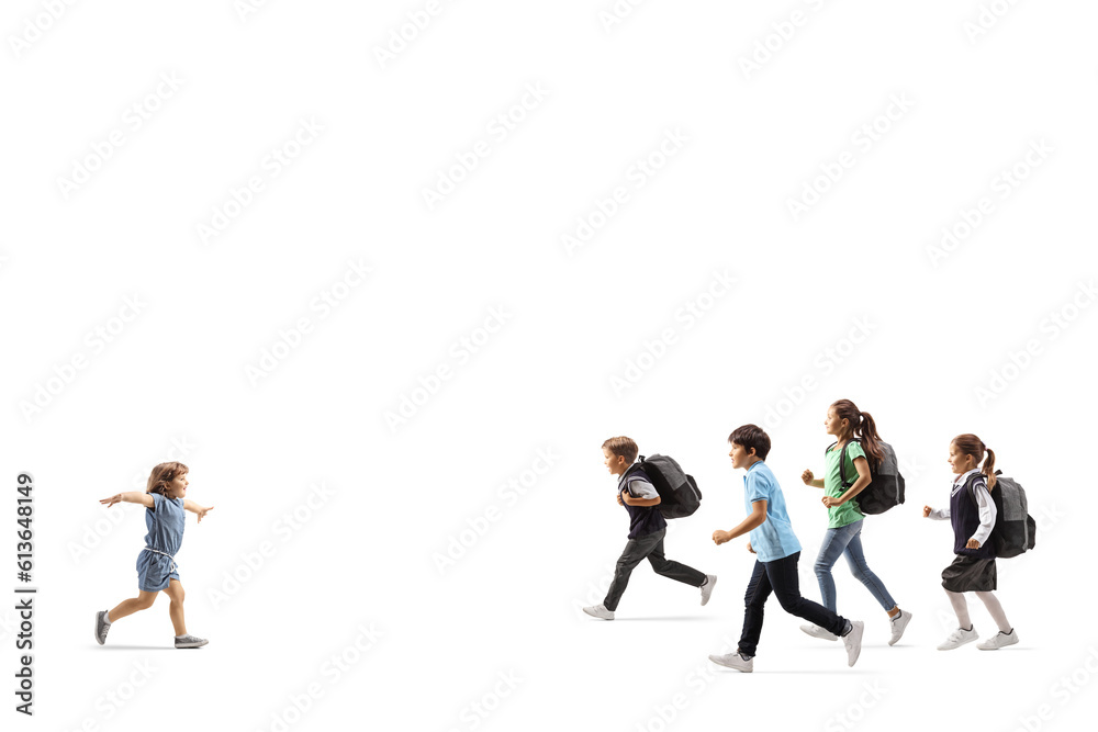 Girl running towards a group of children Girl running towards a group of children