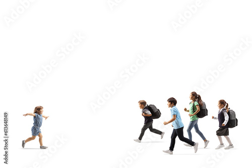 Girl running towards a group of children
