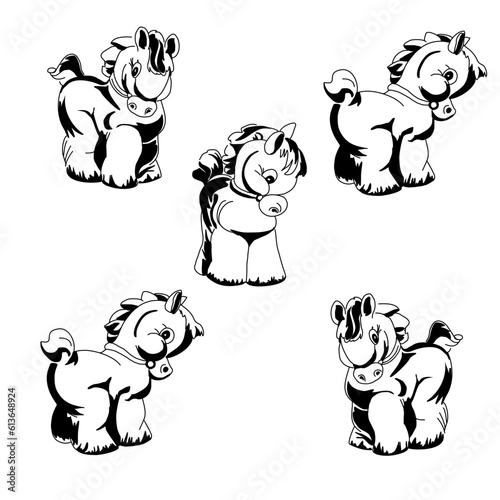 Favorite rubber toy horse. Linear freehand drawing of a foal in different poses