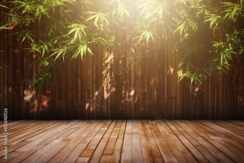 sunlight of tropical bamboo tree leaf shadow on brown wooden panel wall with wood grain. AI generative