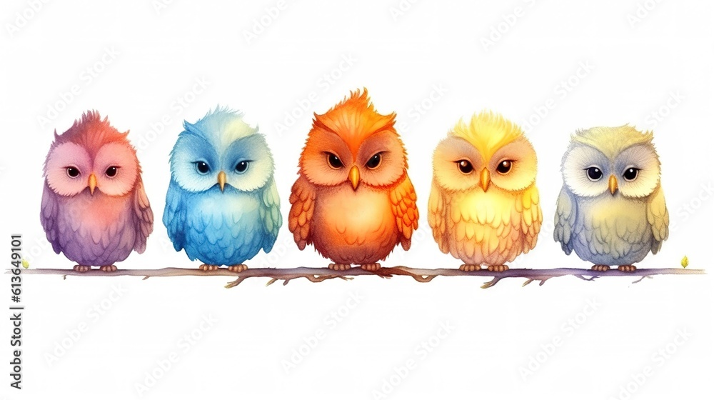 owls, bright owls of different colors.Generative AI