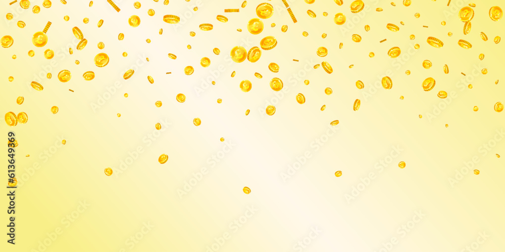 British pound coins falling. Scattered gold GBP British pound coins falling. Scattered gold GBP