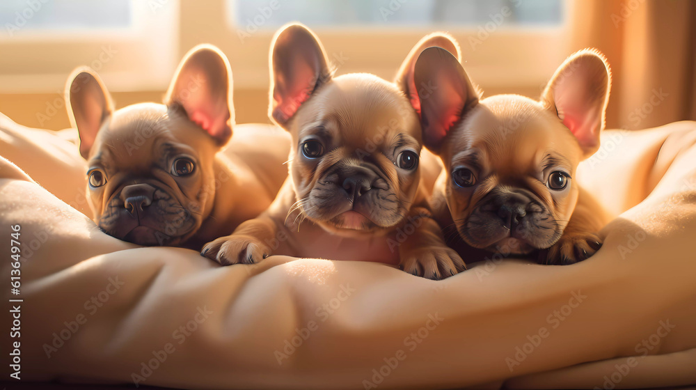 3 French Bulldog puppies, snuggled up in a line all sleepy