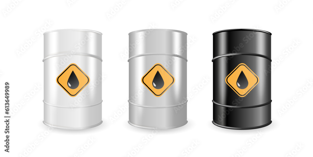 Realistic White, Steel and Black Metal Oil, Fuel, Gasoline Barrel Set Isolated. Design Template of Packaging for Mockup. Vector Realistic White, Steel and Black Metal Oil, Fuel, Gasoline Barrel Set Isolated. Design Template of Packaging for Mockup. Vector