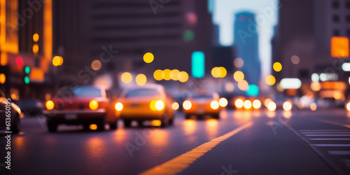 Evening blurred panorama background of big city sunset with cars and long exposure blurred car headlights and street lights with skyscrapers. Copy space for advertising text. Generative AI.