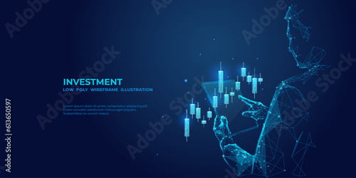 Abstract businessman is holding tablet with stock market candlestick hologram. Digital Trading or Investment concept. Futuristic low poly investor in technological blue. Vector 3D illustration.