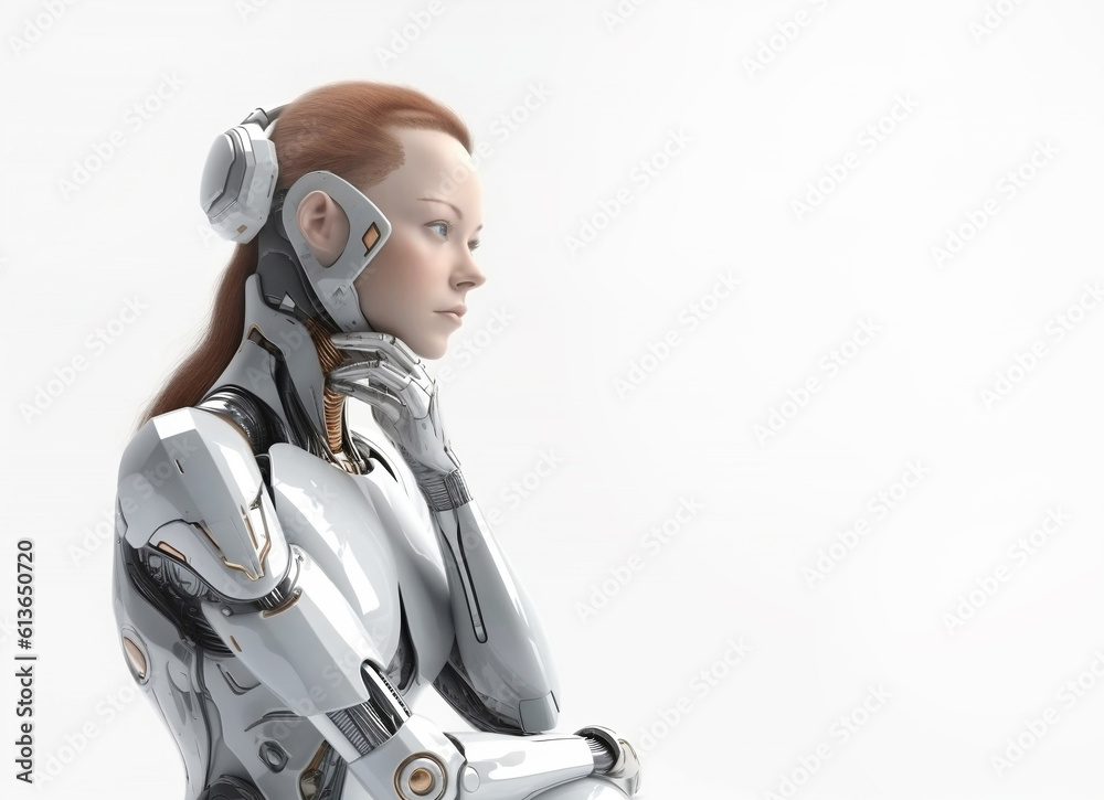 Hybrid of young woman and robot portrait, future reality. Ai generative illustration Hybrid of young woman and robot portrait, future reality. Ai generative illustration