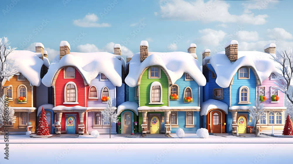 Naklejka premium Town street with beautiful cartoon houses decorated for Christmas and New Year. Front view. Illustration made with AI Generative