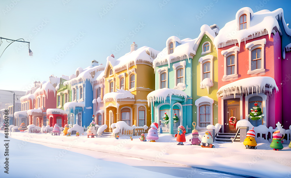 Fototapeta premium Town street with beautiful cartoon houses decorated for Christmas and New Year. Illustration made with AI Generative