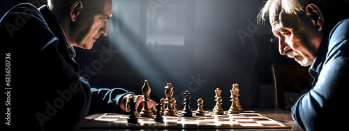 Fotografiet Two man playing chess, thinking, game, mental battle, brainstorming concept AI g