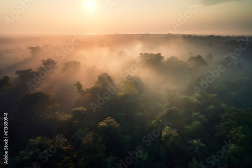 Aerial view of a misty forest in a foggy day at sunset. Generative AI.
