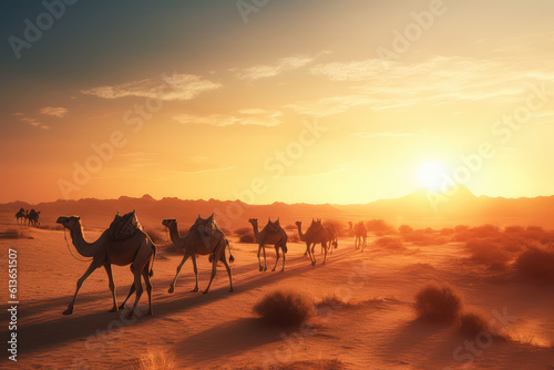 Camel on the background of sunset in the desert, animal. generative ai