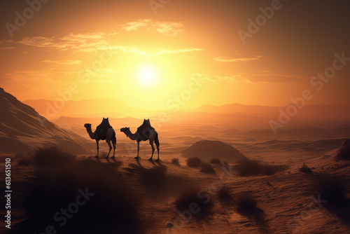 Camel on the background of sunset in the desert, animal. generative ai