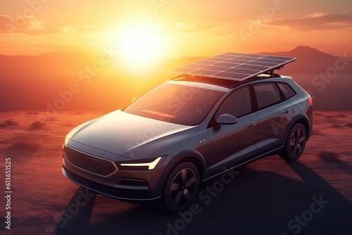 A car with solar panels, a solar panel on it. Solar electricity in the mountains, nature, hiking. generative ai. © MoreThanProd