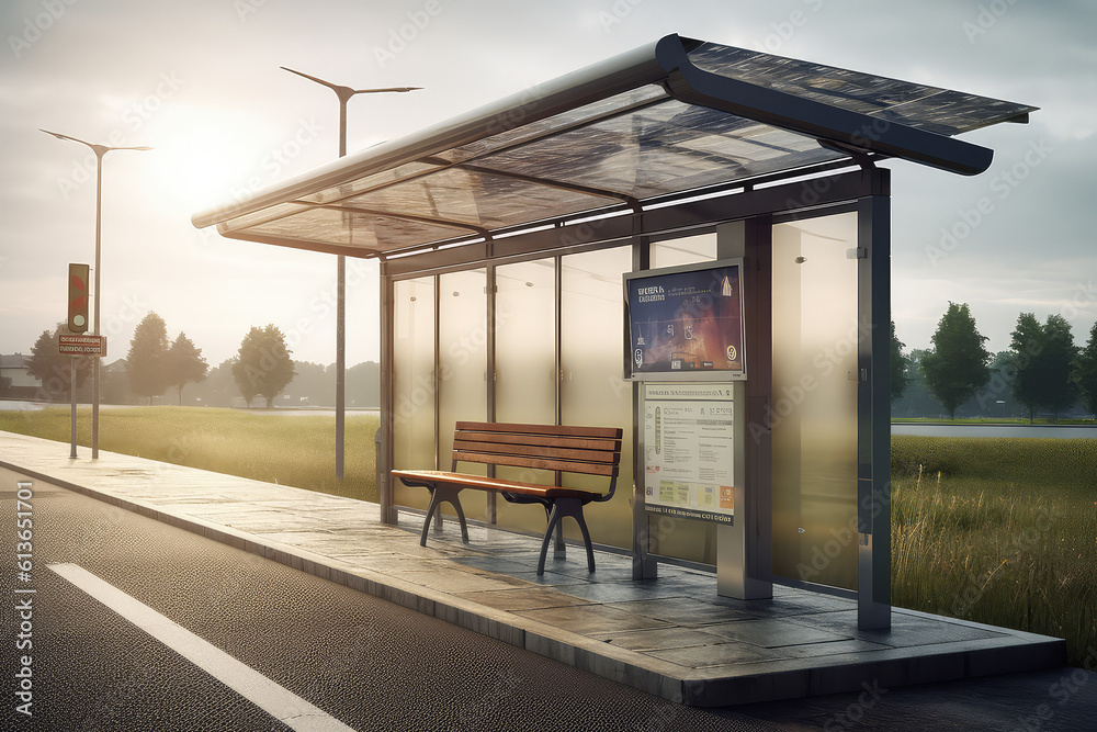 Bus stop with solar panels, future stop, solar panel on it. Solar electricity in mountains, nature, city. generative ai Bus stop with solar panels, future stop, solar panel on it. Solar electricity in mountains, nature, city. generative ai