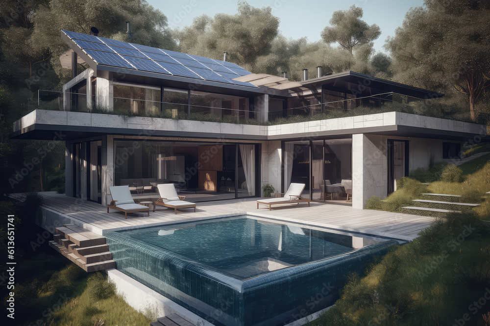 Obraz premium Solar panels on roofs in the city, energy from the sun, ecology, at home, apartment. Solar electricity in mountains, nature, city. generative ai