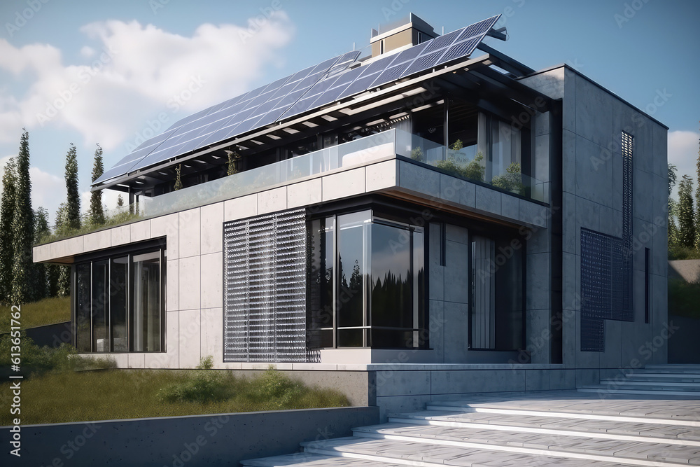 Solar panels on roofs in the city, energy from the sun, ecology, at home, apartment. Solar electricity in mountains, nature, city. generative ai