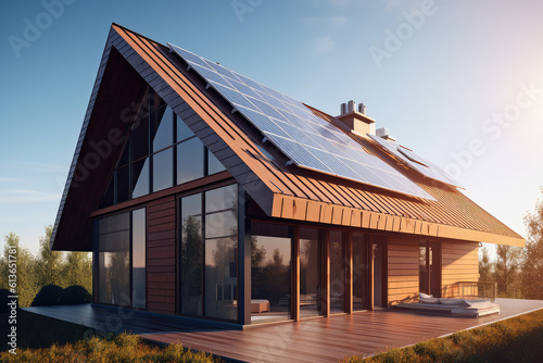 Solar panels on roofs in the city, energy from the sun, ecology, at home, apartment. Solar electricity in mountains, nature, city. generative ai