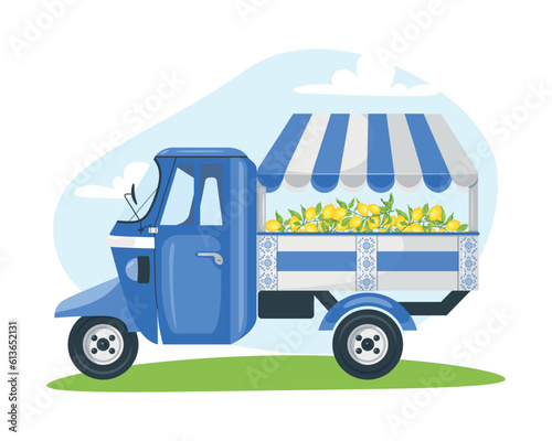 Italian blue and white Ape car design with lemons