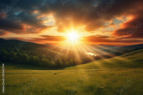 The sun rises over a hillside with grassy fields and an area with a hill. AI generative