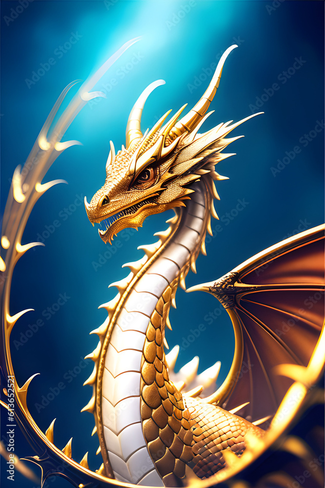 portrait of a golden, toothy, dangerous dragon, generative ai