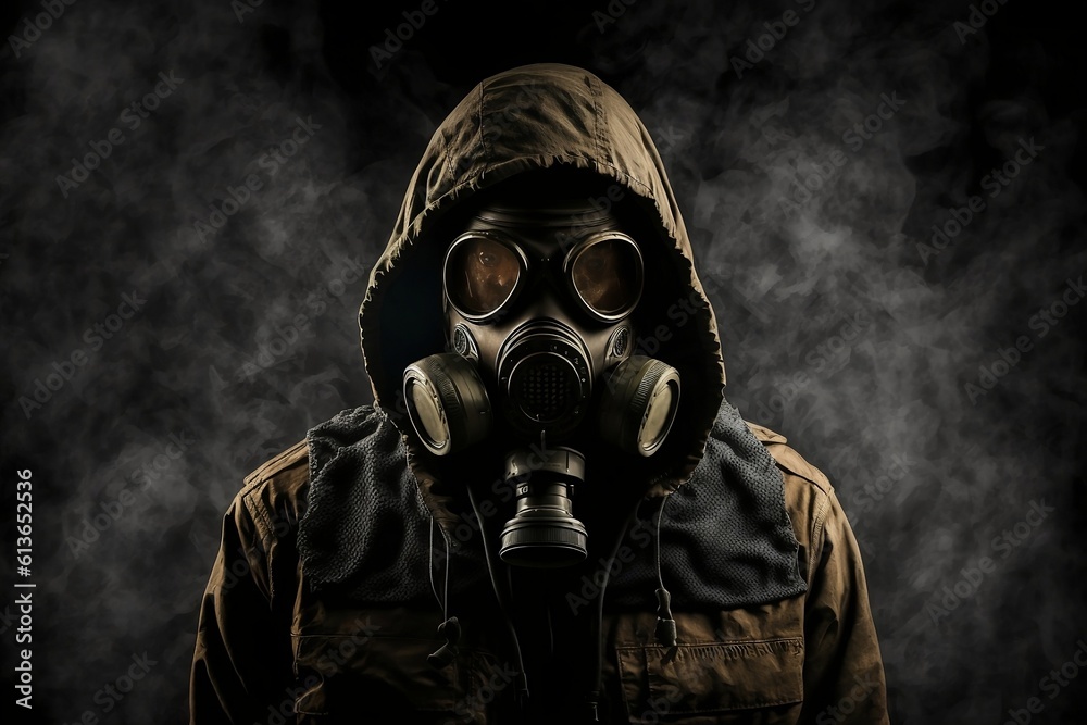 A man in a gas mask on a dark background A man in a gas mask on a dark background