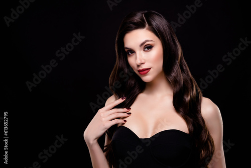 Photo of classy lady in high fashion touch attract millionaire guy on occasion isolated black color background